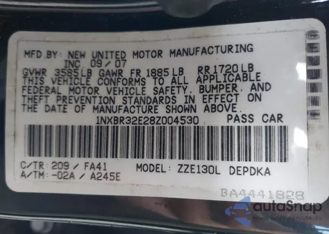 2008 Toyota Corolla Ce z USA, uszkodzony, nr VIN 1NXBR32E28Z004530